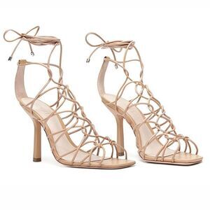 Schutz, “Heyde” Leather Sandal, Lace-Up, Stilleto Heel, Square Toe - Size 8, Tan